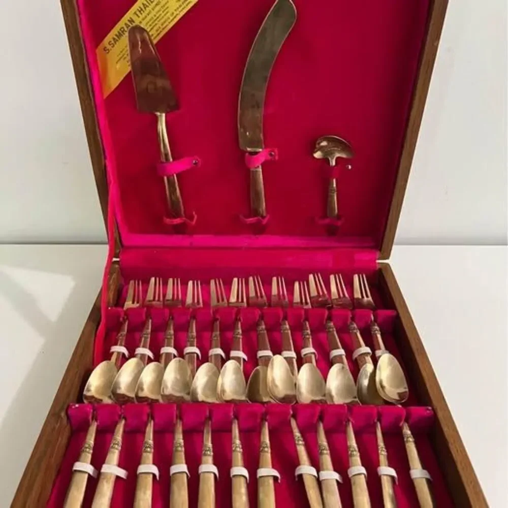 Vintage 27 Pcs Bronze Dessert Flatware Set Brief Case by S. Samran Thailand Co.